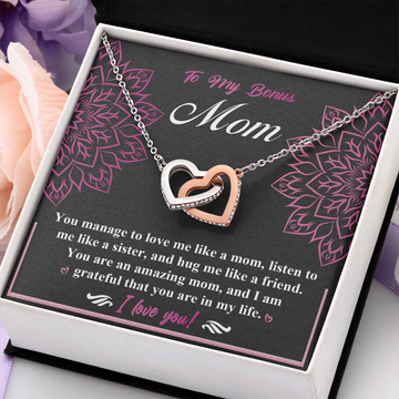 My Bonus Mom - You Love Me Like A Son, Listen To Me Like A Sister & Hug Me Like A Friend - You Are An Amazing Mom & Grateful You Are In My Life - I Love You - Interlocking Hearts Necklace IH, BOM000005IH