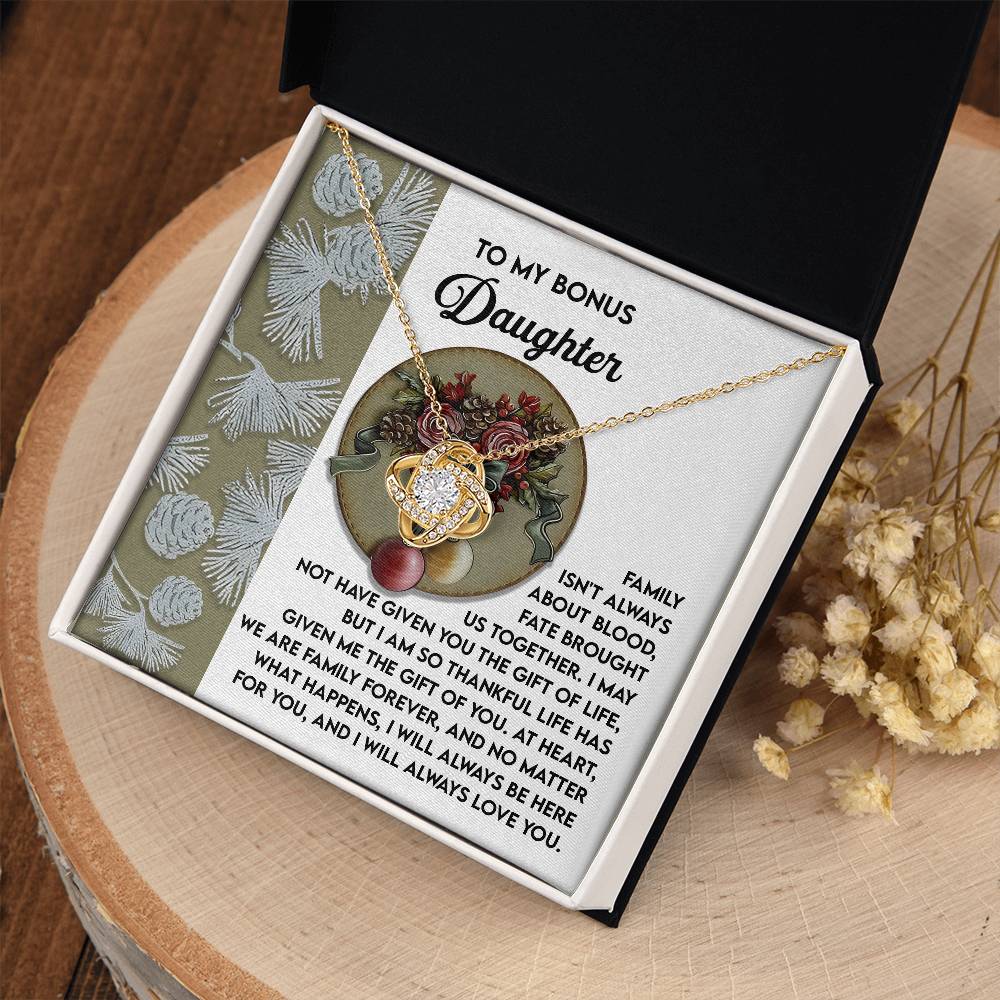 Bonus Daughter - Fate Brought Us Together - Thankful For The Gift Of You - Family Forever - Always Be Here For You - Always Love You - Love Knot Silver Necklace LN, DAU0000059LN