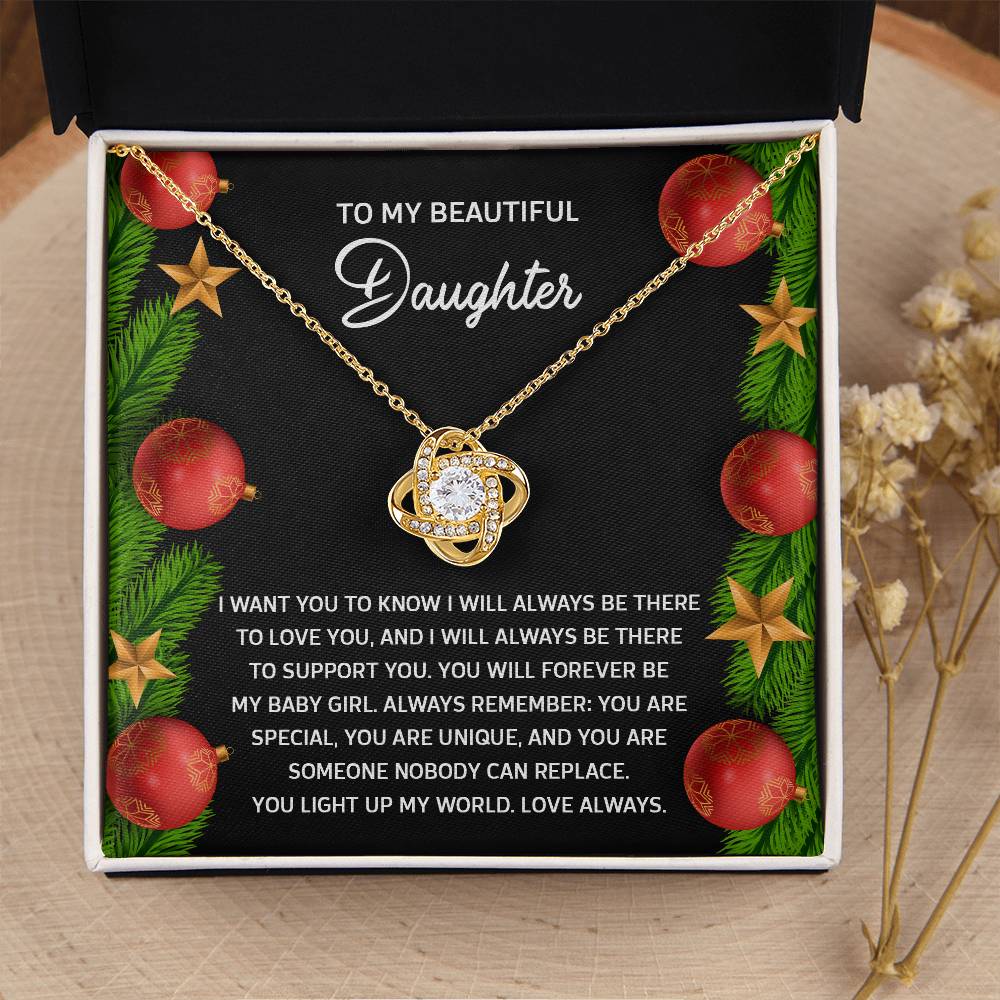 Beautiful Daughter - Always Be There To Love You, Support You - Forever Be My Baby Girl - Special And Unique - Nobody Can Replace - Love Knot Silver Necklace LN, DAU0000069LN