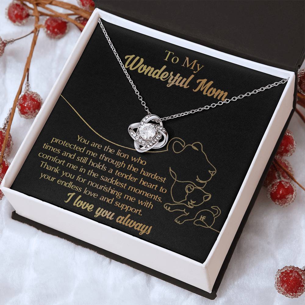 My Wonderful Mom - Protected Me - Holds A Tender Heart - Endless Love And Support - Love You Always - Love Knot Silver Necklace LN, MOM0000024LN