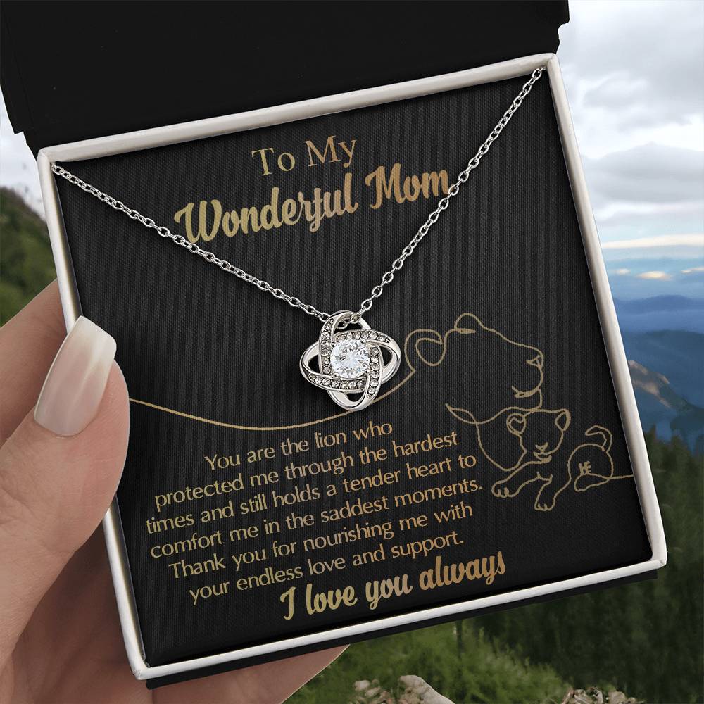 My Wonderful Mom - Protected Me - Holds A Tender Heart - Endless Love And Support - Love You Always - Love Knot Silver Necklace LN, MOM0000024LN