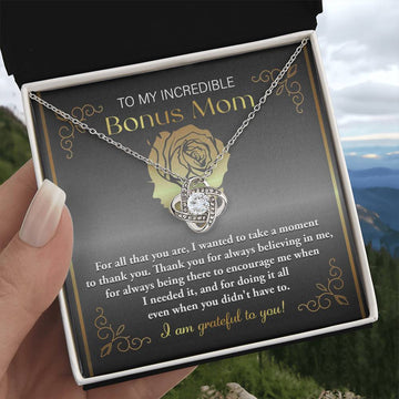 Incredible Bonus Mom - Thank You - Encourage Me - Grateful To You - Love Knot Silver Necklace LN, BOM0000004LN