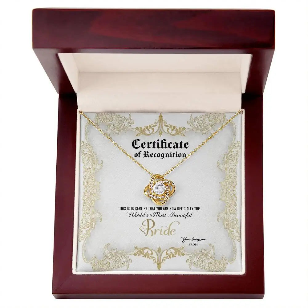 Bride - World's Most Beautiful - Certificate Of Achievement - Love Knot Necklace LN, WED0000005LN - Sweet Yasmin 21