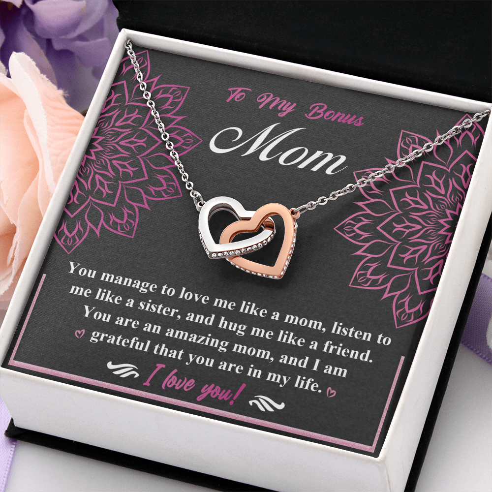 My Bonus Mom - You Love Me Like A Son, Listen To Me Like A Sister & Hug Me Like A Friend - You Are An Amazing Mom & Grateful You Are In My Life - I Love You - Interlocking Hearts Necklace IH, BOM000005IH