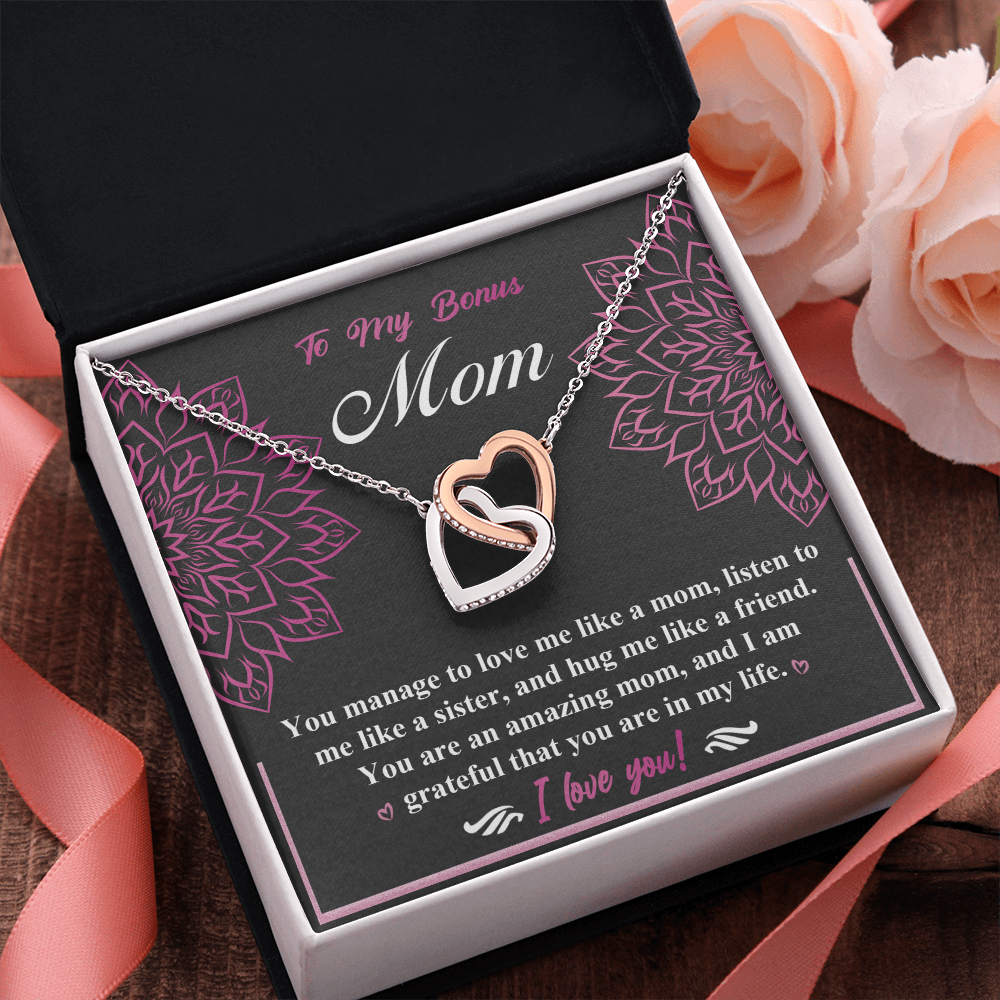 My Bonus Mom - You Love Me Like A Son, Listen To Me Like A Sister & Hug Me Like A Friend - You Are An Amazing Mom & Grateful You Are In My Life - I Love You - Interlocking Hearts Necklace IH, BOM000005IH