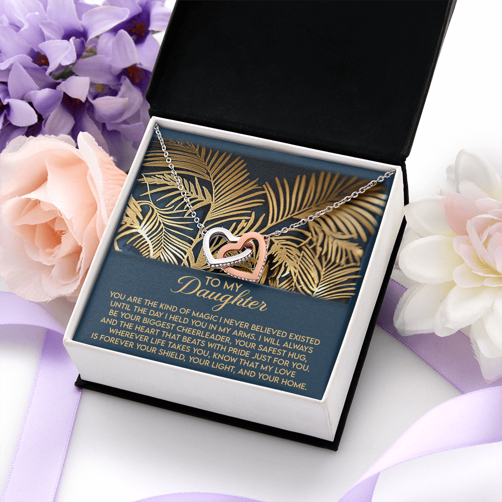 My Daughter - The Kind Of Magic I Never Believed Existed - Always Be Your Biggest Cheerleader, Your Safest Hug - My Love Is Forever Your Shield, Your Light & Your Home - Interlocking Hearts Necklace IH, DAU0000153IH