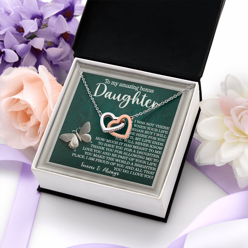 My Amazing Bonus Daughter - Thank You For Allowing Me To Be A Part Of Your Life - You Make The World A Brighter Place - Proud Of You - I Love You Forever & Always - Interlocking Hearts Necklace IH, DAU0000155IH