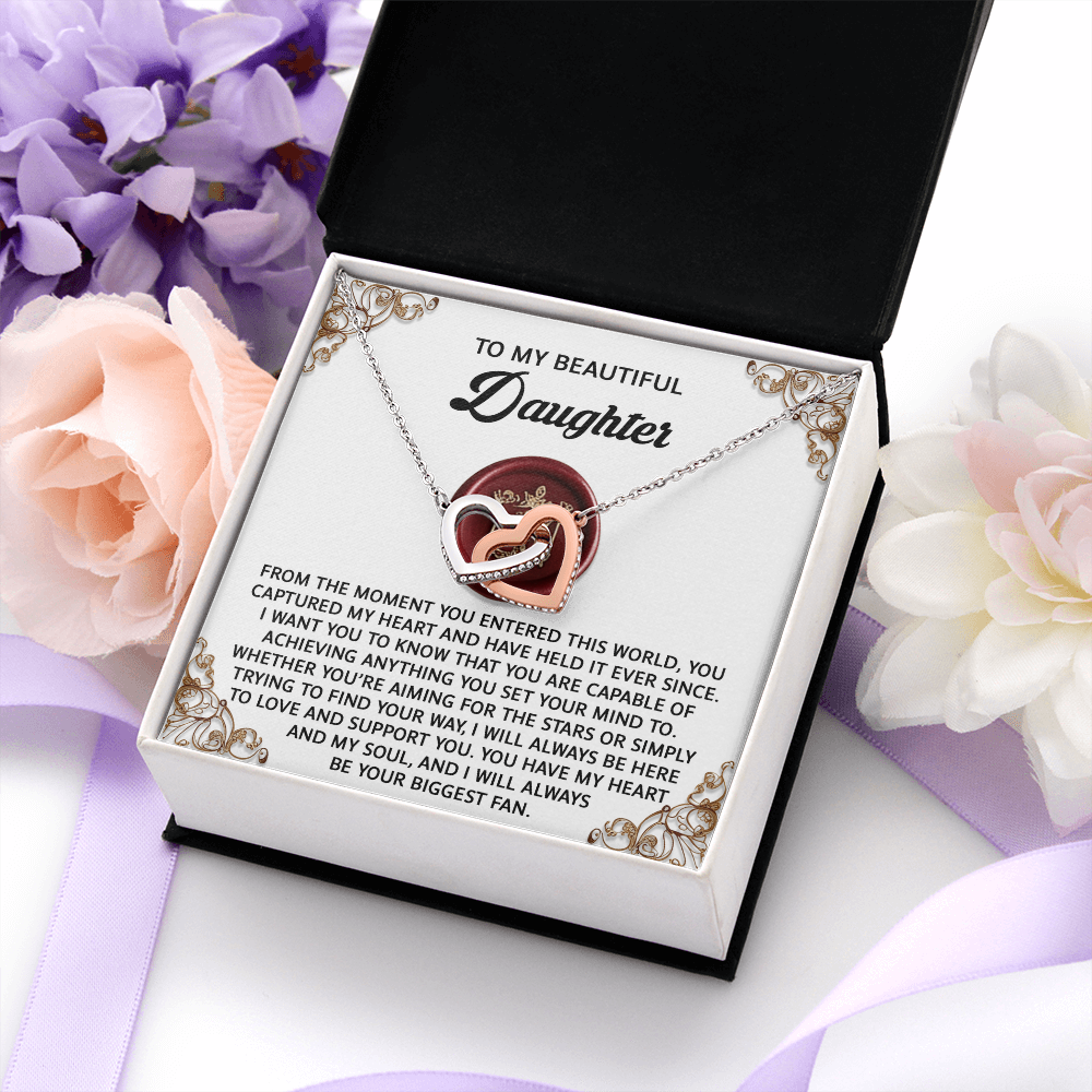My Beautiful Daughter - You Captured My Heart & Held It Ever Since - I Will Always Be Here To Support You - You Have My Heart & My Soul, And I Will Always Be Your Biggest Fan - Interlocking Hearts Necklace IH, DAU0000083IH