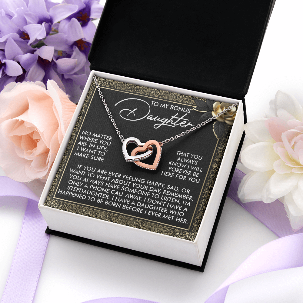 My Bonus Daughter - I Will Forever Be Here For You - A Daughter Who Happened To Be Born Before I Ever Met Her - Interlocking Hearts Necklace IH, DAU0000140IH