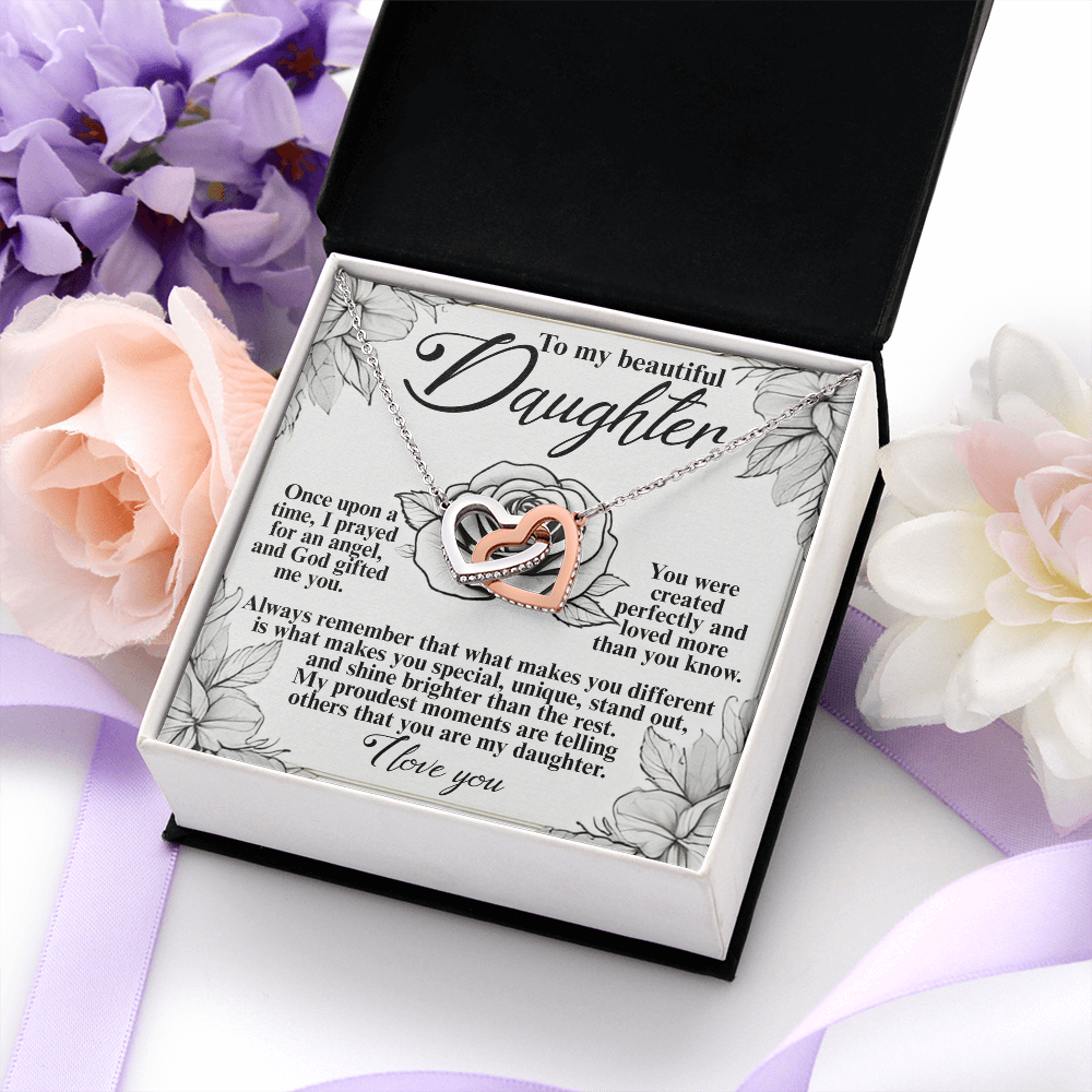 My Beautiful Daughter - I Prayed For An Angel, God Gave Me You - Created Perfectly & Loved More Than You Know - You Are My Daughter - I Love You - Interlocking Hearts Necklace IH, DAU0000176IH