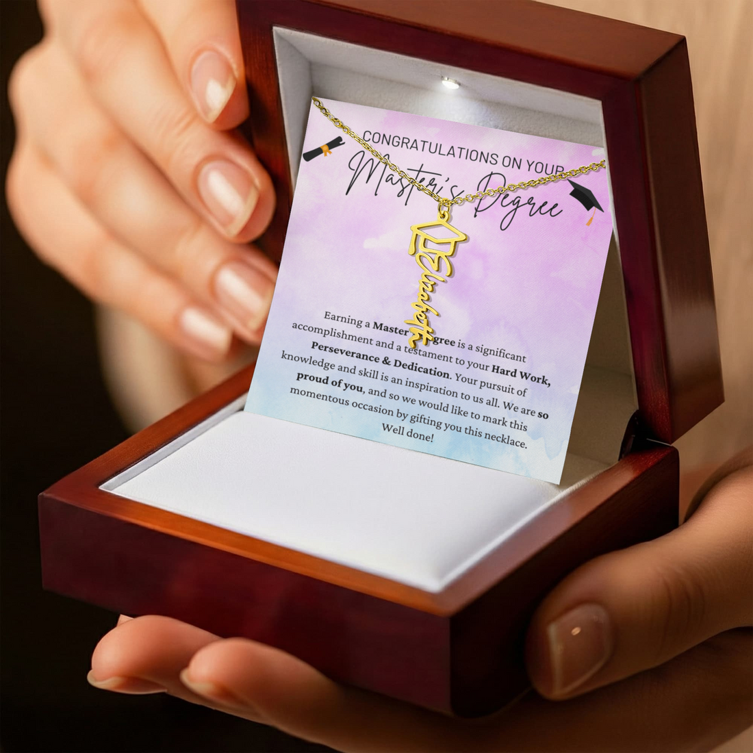 Congratulations On Master's Degree - Hardwork, Perseverance & Dedication - Proud Of You - Well Done - Graduation Cap Name Necklace GC, GRD0000005GC