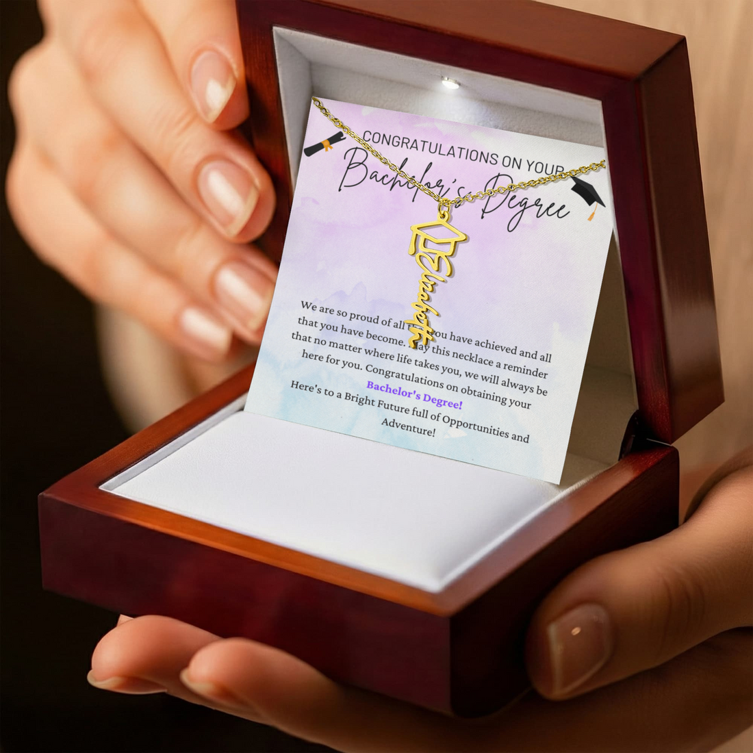 Congratulations On Bachelor's Degree - Bright Future - Full Of Opportunities And Adventure - Graduation Cap Name Necklace GC, GRD0000004GC
