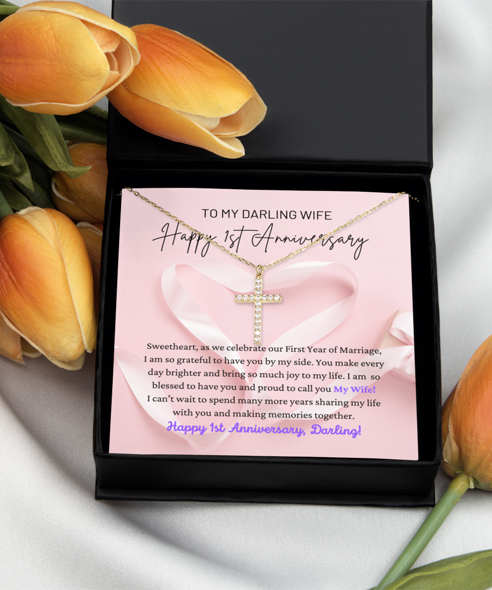 To My Darling Wife - Grateful To Have You - Happy 1st Anniversary - Cross Gold Necklace CG, ANWM000001CG