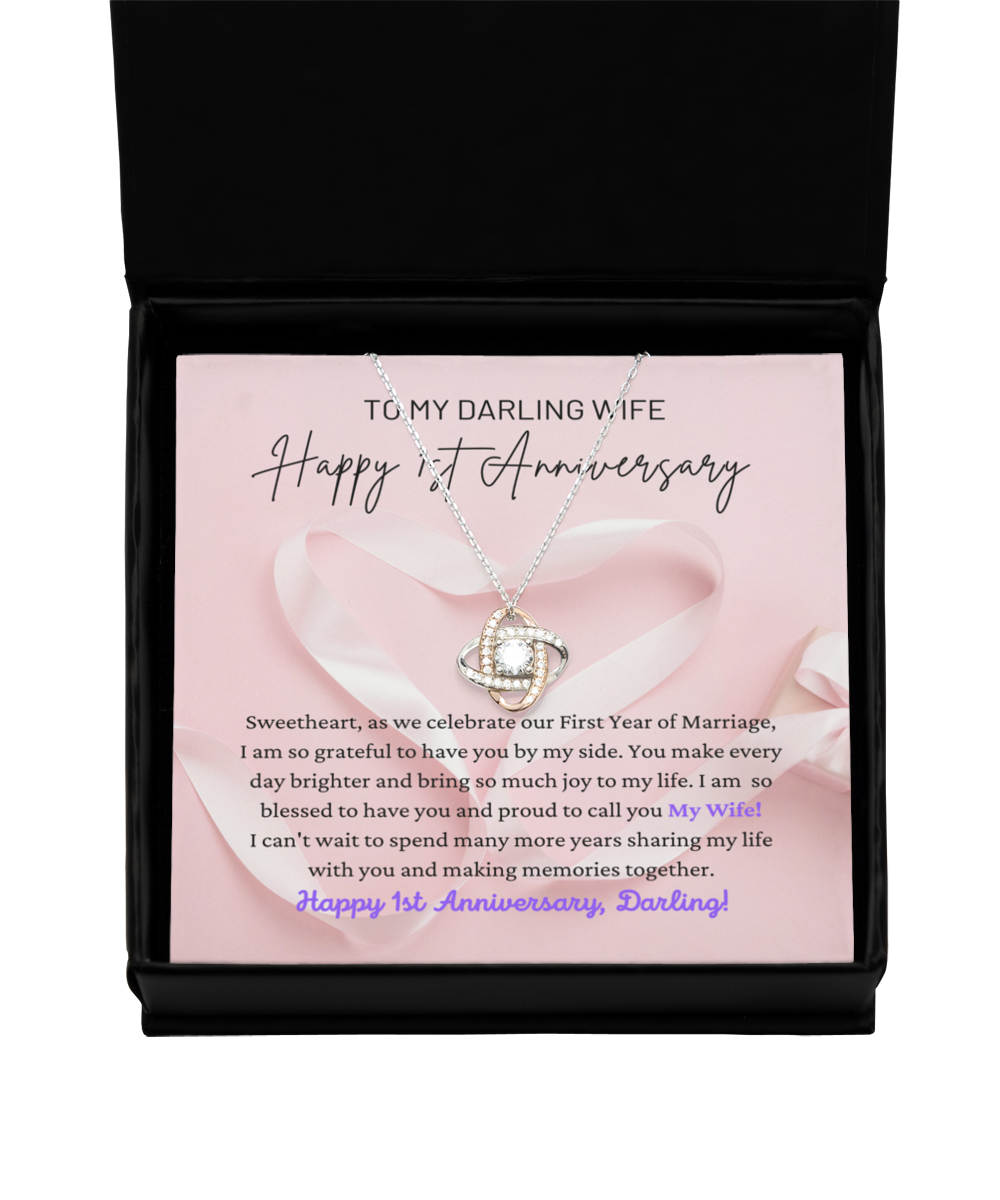 To My Darling Wife - Grateful To Have You - Happy 1st Anniversary - Love Knot Rose Gold Necklace LR, ANWM000001LR