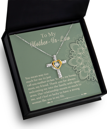 To My Mother-In-Law - Part Of This Family - Generous Things You Do For Us - Appreciate You - Thank You - Cross Dancing Heart Necklace, MOM0000014CD