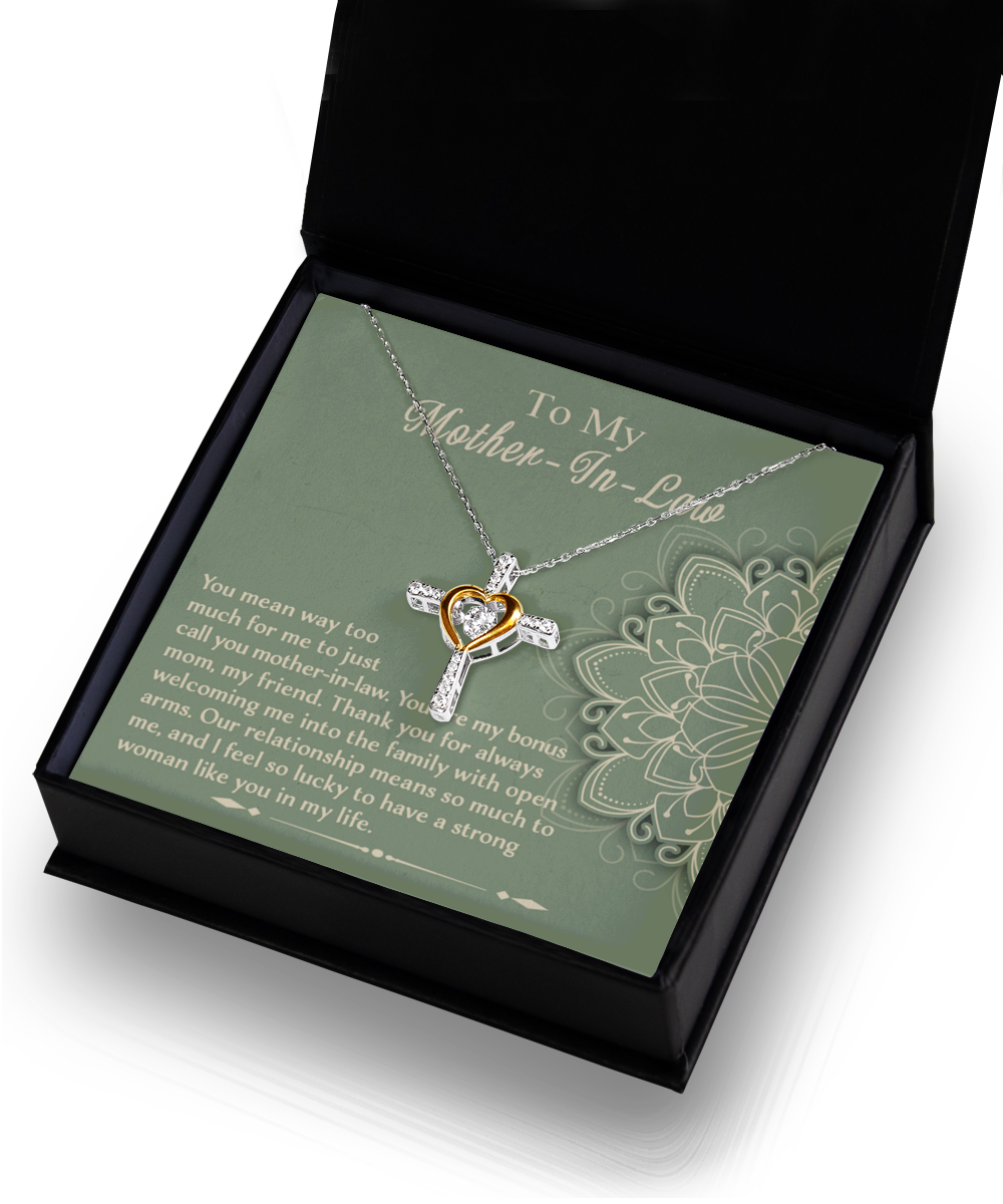 To My Mother-In-Law - Part Of This Family - Generous Things You Do For Us - Appreciate You - Thank You - Cross Dancing Heart Necklace, MOM0000014CD