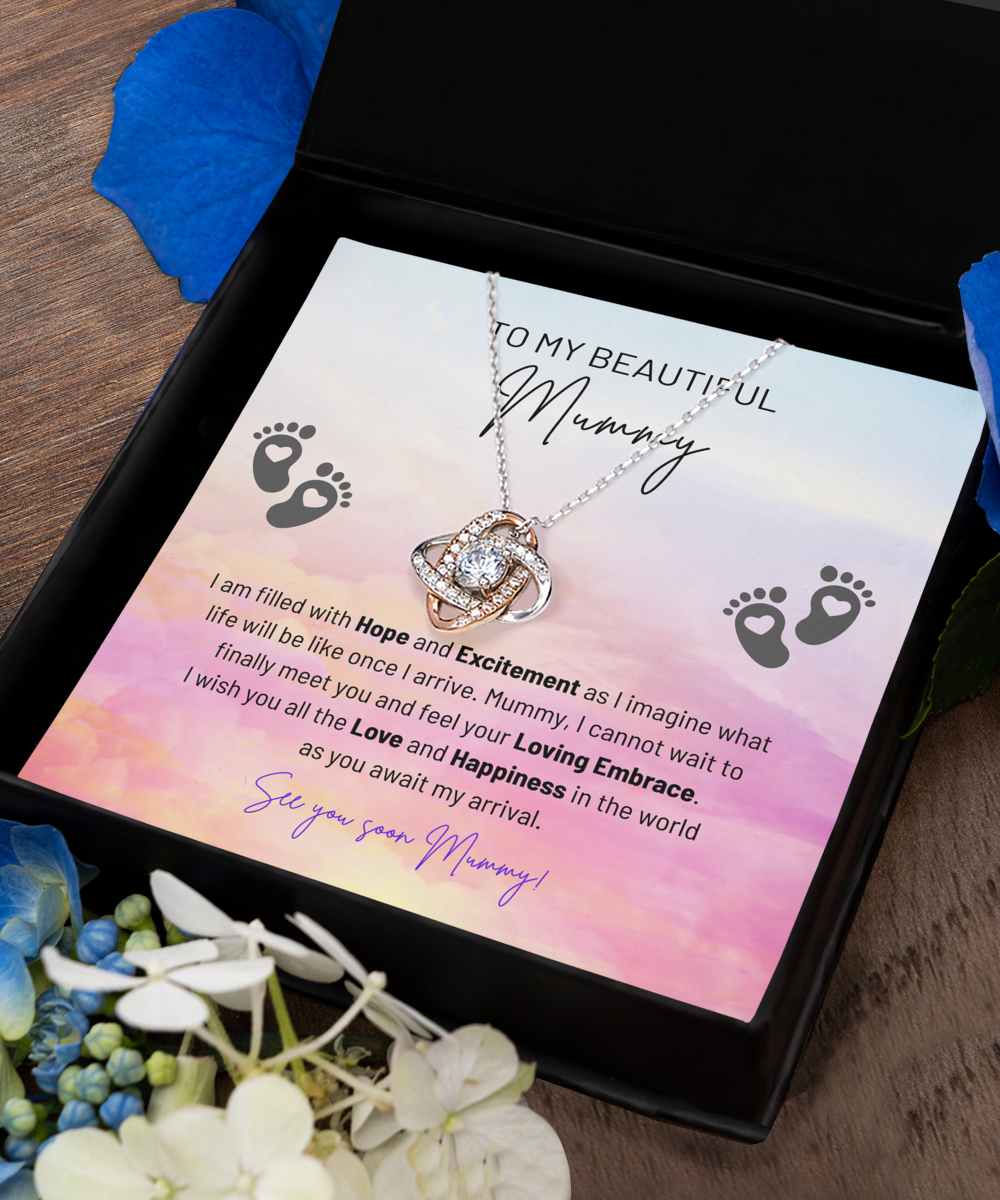 To My Beautiful Mummy - Filled With Hope And Excitement - Feel Your Loving Embrace - See You Soon Mummy - Love Knot Rose Gold Necklace LR, BTM0000001LR