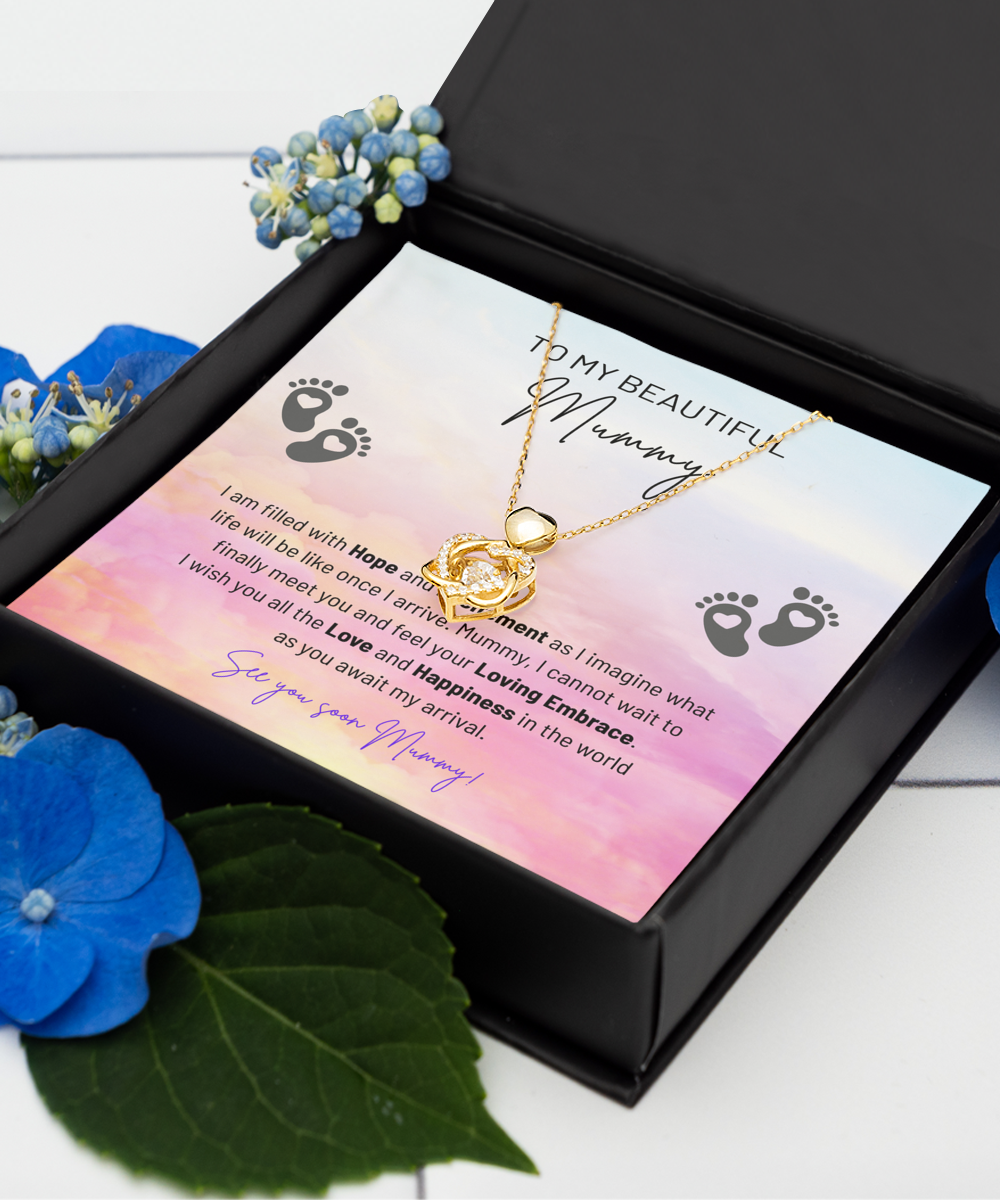 To My Beautiful Mummy - Filled With Hope And Excitement - Feel Your Loving Embrace - See You Soon Mummy - Double Hearts Gold Necklace HG, BTM0000001HG