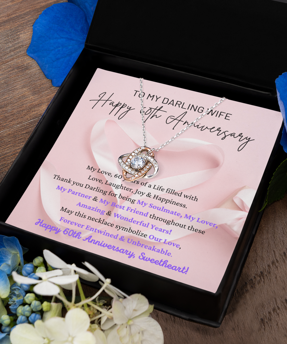 To My Darling Wife - Forever Entwined & Unbreakable - My Soulmate, My Lover, My Partner & My Best Friend - Happy 60th Anniversary - Love Knot Rose Gold Necklace LR, ANWM000010LR